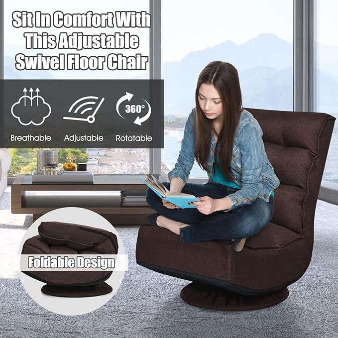 Giantex 360 Degree Swivel Gaming Chair, 6 Position Adjustable Folding Floor Chair, Nearly 300lb Spring Support, Comfortable Padded Backrest, Lazy Sofa Chair Game Rocker for Teens Adults (Brownness)
