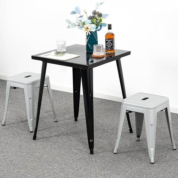 Brage Living 18 Inch Industrial Metal Stools Set of 2, Short Stackable Classroom Stools, Backless Metal Dining Chairs for Indoor Outdoor Kitchen (Pearl Silver)