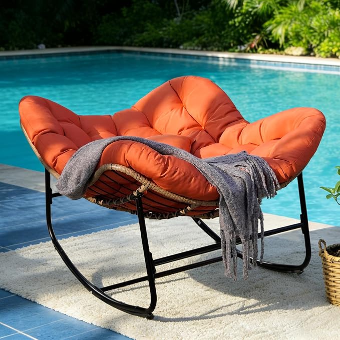 Sgentle Papasan Rocking Chair for Outdoor & Indoor, Oversized Patio Rocking Chair with Cushions & Steel Frame, Wicker Egg Lounge Chair, Comfy Reading Chair for Patio, Deck, Porch (Red, Style 2)