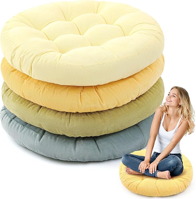 Jerify Floor Pillow Cushions 22 x 22 Inch Round Square Large Meditation Floor Pillow for Classroom Adult Meditation Picnic Party Cushion for Seating Gift Christmas(Round,Yellow-Green,4 Pcs)