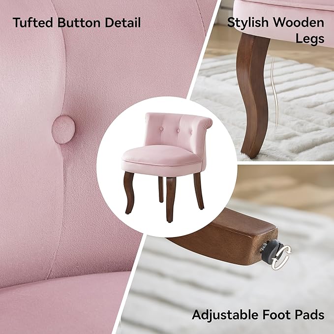 WUTUTUEE Velvet Tufted Vanity Chair with Back, Upholstered Mid Century Vanity Stool with Solid Wood Legs, Small Makeup Chair for Vanity, Accent Chair for Bedroom, Living Room, Pink
