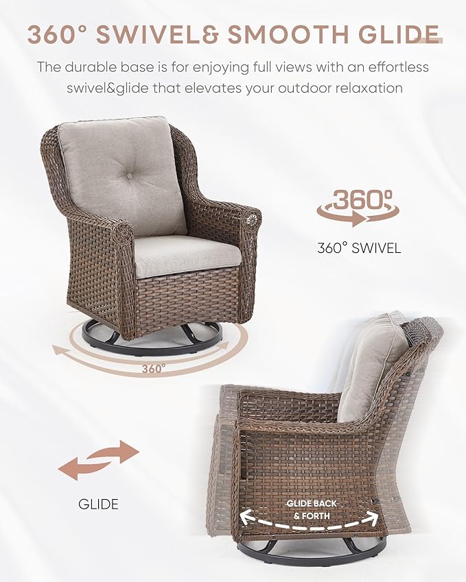ACTREST Patio Chairs Outdoor Swivel Glider - Set of 4 High Back Outside Brown Wicker Rattan Rocking Chair with Thick Cushion for Porch Apartment Deck Yard Poolside Garden - Beige