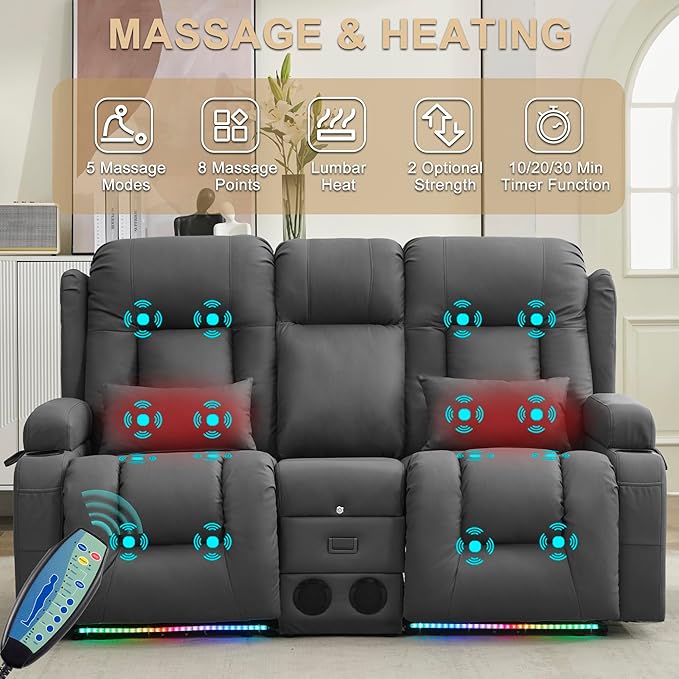 URRED Loveseat Recliner Sofa with Massage and Heat, Power Reclining Loveseat Sofa RV Couch with Console, Home Theater Seating with LED Lights, Bluetooth Speakers, USB, Outlets, Leathaire Gray