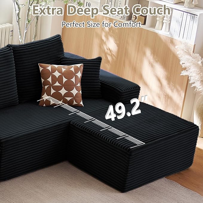 Lakifun 166.9" L-Shape Sofa with Ottoman, Modern Modular Sectional Comfy U-Shape Cloud Couch, Deep Seat, Upholstered Corduroy Sleeper Chaise Longue for Living Room Bedroom, No Assembly Required, Black