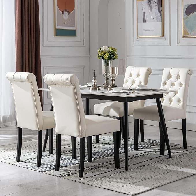 chairus Dining Chairs Set of 2 Mid Century Modern Living Room Chairs with Button Tufted High Back PU Leather Armless Chair Comfy Upholstered Side Chairs for Kitchen/Restaurant/Bedroom, Cream White