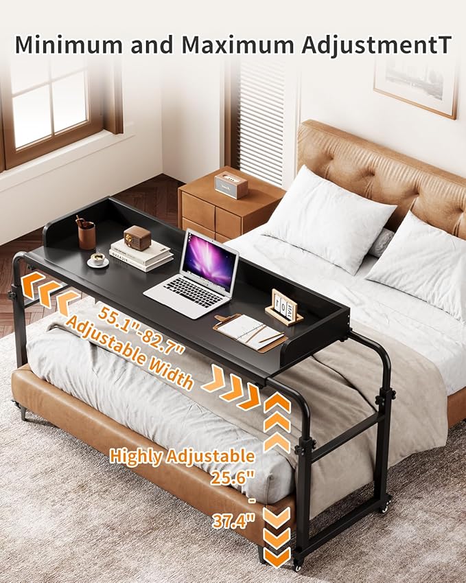 Saifu Overbed Table with Wheels,Adjustable Height & Length Laptop Desk for Bed,King & Queen Size Beds Bed Table,Rolling Standing Desk,Over Bed Table for Working Reading Eating,Black