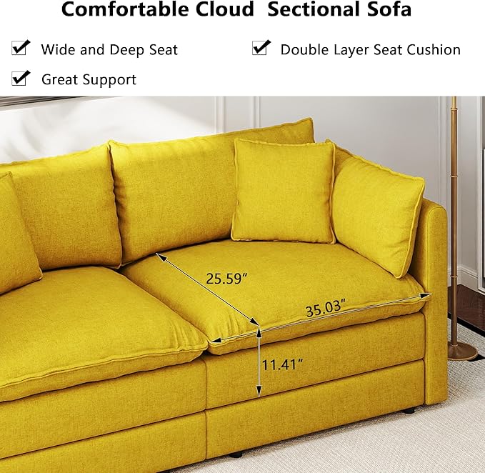 Aoowow Modular Sectional Sofa Modern Convertible L Shaped Couch,111.5 Inch Deep 3-Seater Sofas Set Comfy Chenille Cloud Sofas and Couches with Movable Ottoman for Living Room Apartment（Yellow）
