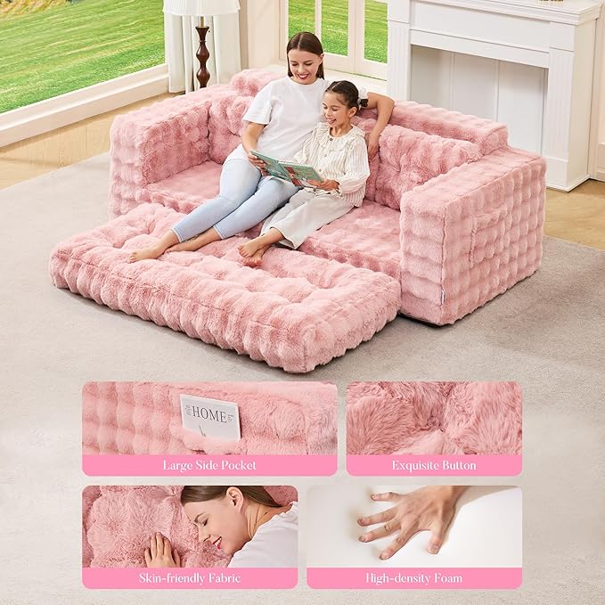 Hobestluk 3-Seater Sofa Boneless Couch with Tufted Button Design 2 in 1 Comfy Cloud Couch Oversized Sofa for Living Room Bedroom Apartment or Office (Pink, 3 Seater)