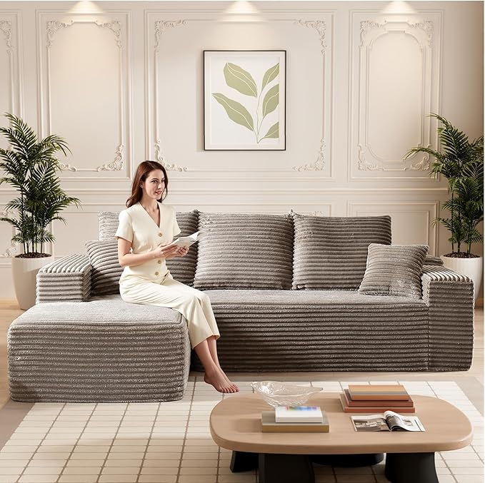 HYJT-H&K Modular Sectional Sofa Cloud Couch, 107" Comfy L Shaped Sectional Couches for Living Room, Deep Seat Memory Foam Plush Fluffy Corduroy Boneless Couch Sectionals Left Facing Sofa Chaise Camel