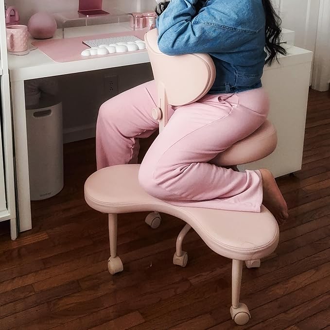 Pipersong Meditation Cross Legged Chair PRO, ADHD Chair with Height Adjustable Backrest, Criss Cross Desk Use with Footrest and Wheels for Home Office, Flexible Design for Fidgety Sitters, Pink
