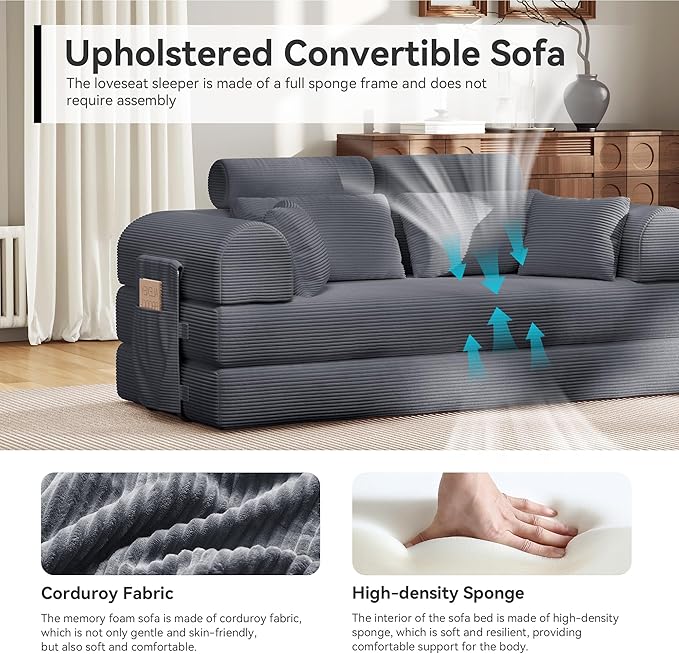 ZQRhome 2026 Upgrade Convertible Sofa Bed, 79 Inch Boneless Couch with Fixed-Shape Frame, Corduroy Fabric with High Backrest, Floor Sofa Modular Futon Couch for Living Room Bedroom Lounge (Dark Grey) | High Backrest, No Assembly, Convertible Sofa, Spac...
