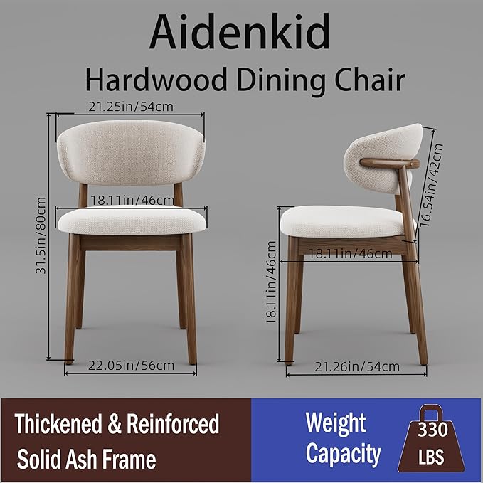 Set of 2 Solid Ash Wood Dining Chairs, Upgraded Reinforced Zero-Wobble Frame, Mid-Century Modern Side Chairs with Ergonomic Curved Backrest & Adjustable Floor Protectors (K-Walnut, Set of 2)