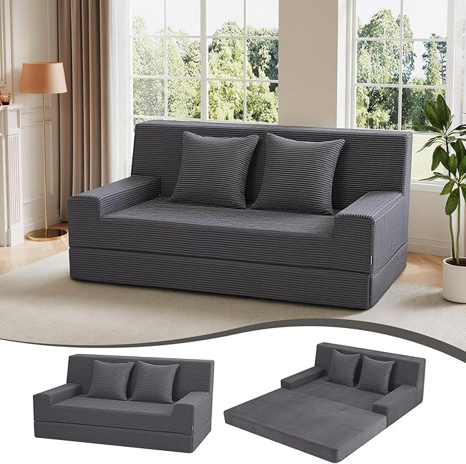 MeMoreCool Folding Sofa Bed Queen – Corduroy Convertible Foam Sleeper Chair, Fold-Out Futon Couch Bed | Machine Washable | High-Density Foam | Guest & Living Room Seating