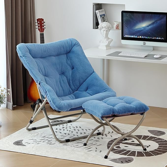 Givjoy Comfy Folded Chair with Ottoman, Oversized Folding Faux Fur Chair Soft Furry Lounge Lazy Chair with Metal Frame Moon Chair Accent Chair for Bedroom, Living Room, Dorm Rooms