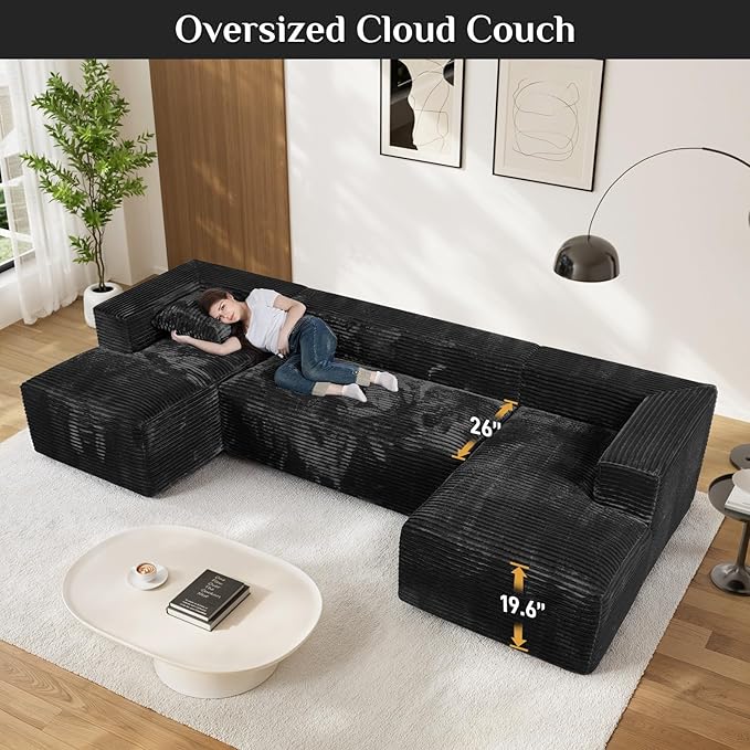 Modular Sectional Sofa, 130" U Shaped Cloud Couch Plush Corduroy Comfy Deep Seat Boneless Sofas with 8 Pillows Double Chaise Lounge Sectional Couches with Memory Foam for Living Room - Black