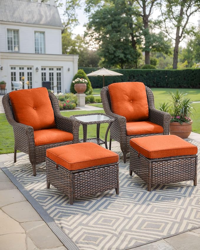 ACTREST 3 Piece Patio Brown Wicker Chairs with Side Table - Outdoor High Back Heavy Duty All-Weather Lawn Dining Rattan Chair Conversation Bistro Set for Deck Porch Balcony Backyard Garden - Orange
