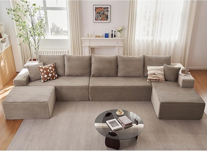 Lakifun 166.9" U-Shape Cloud Couch, Modern Modular Sectional Comfy L-Shape Sofa with Ottoman, Deep Seat, Upholstered Corduroy Sleeper Chaise Longue for Living Room Bedroom, No Assembly Required, Camel