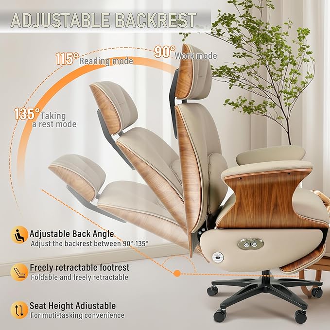 Genuine Leather Office Chair with Electric Reclining, Footrest, Lifting and Massage Function, 350lbs Capacity Ergonomic Executive Chair with Alu Base and 360° Wheels for Home Living Room