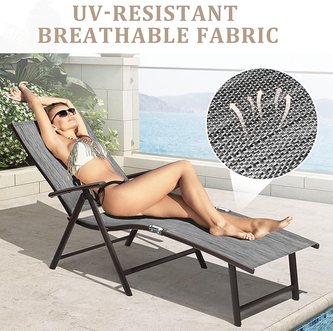VredHom 2PCS Patio Chaise Lounge Outdoor Folding Adjustable Lounge Chair Recliner with 8 Adjustable Backrest Positions for Pool Beach Yard, Dark Gray Textliene and Brown Aluminum Frame