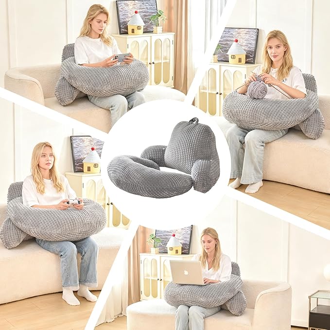 PAJEO Reading Pillow for Bed,U Shaped & Back Support Pillow for Bed,19" Backrest with Lumbar & Arm Support,Comfy Flannel Fabric,Lap Pillow for Gaming/Reading/Watching TV,Gray