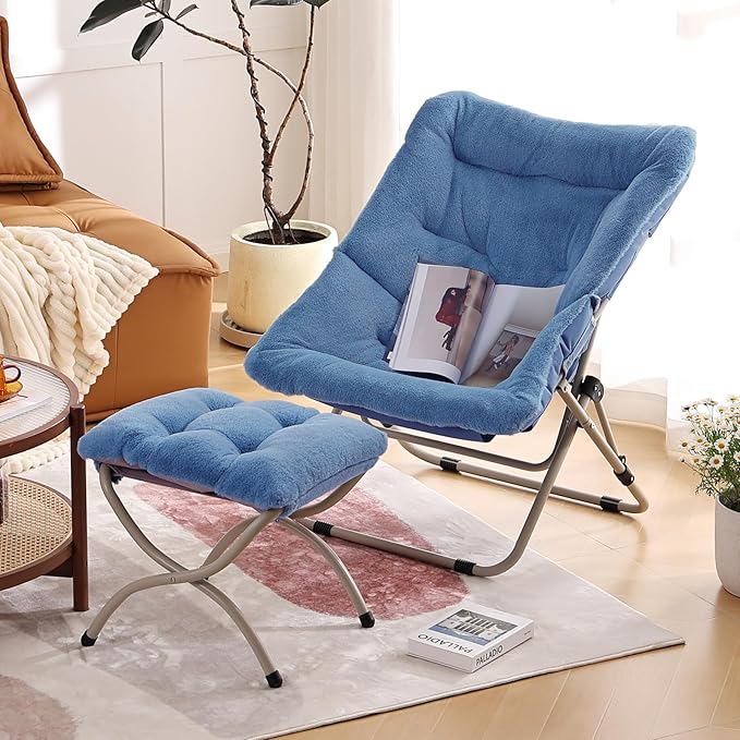 Givjoy Comfy Folded Chair with Ottoman, Oversized Folding Faux Fur Chair Soft Furry Lounge Lazy Chair with Metal Frame Moon Chair Accent Chair for Bedroom, Living Room, Dorm Rooms