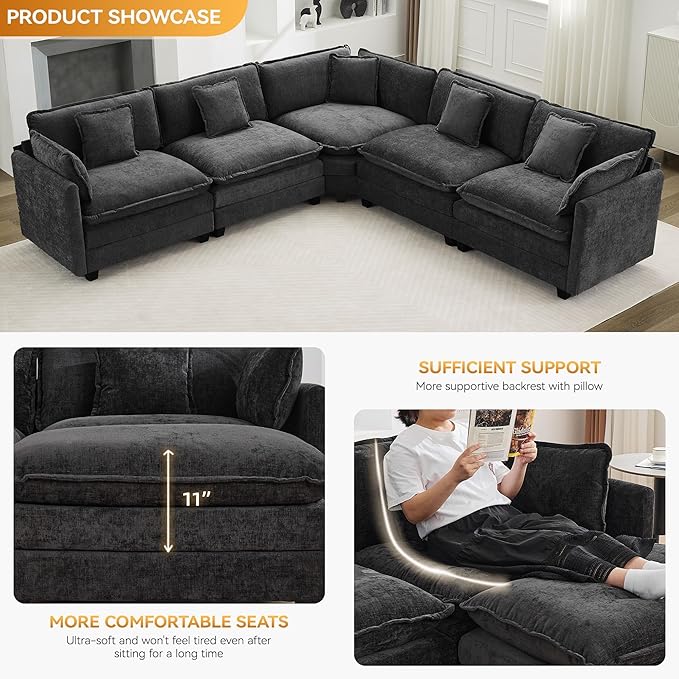 113'' V Shaped Cloud Sectional Sofa, Oversized Deep Seat Couches for Living Room, Chenille Comfy Upholstered Modular Sectional Sofa Couch, Dark Grey