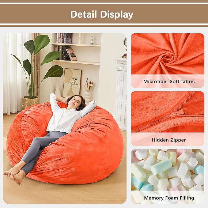 Bean Bag Chairs for Adults - Memory Foam Furniture BeanBag Chair - Kids/Teens Sofa with Soft Micro Fiber Cover - Round Fluffy Couch for Living Room Bedroom College Dorm - 4 ft, Orange