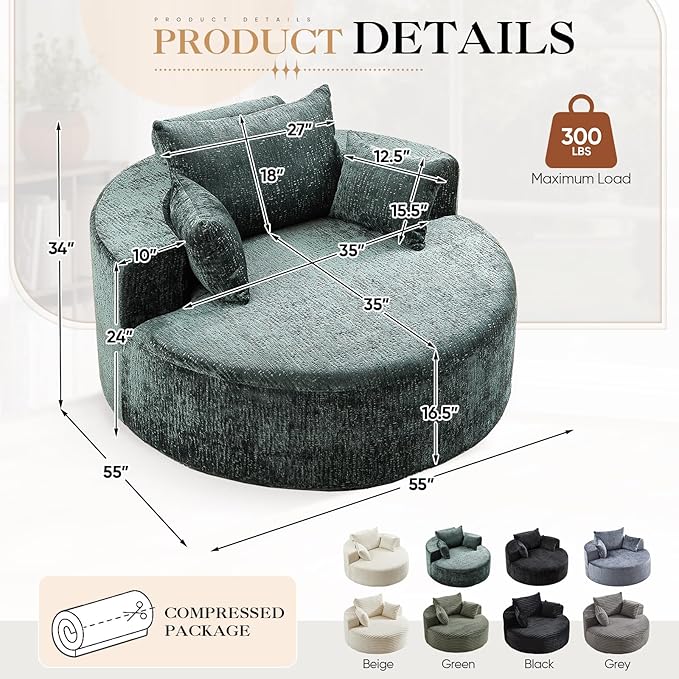 JEEOHEY Modern Round Accent Sofa Chair for Living Room, Upholstered Chenille Barrel Lounge Arm Chair with Large seat&Throw Pillows for Bedroom, Office, Apartment, Green