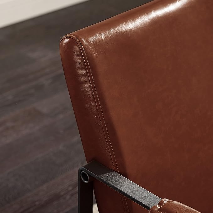 Volans Mid Century Modern Accent Chair with Arms for Living Room, Faux Leather Accent Chairs for Lounge, Metal Frame Armchair Reading Chair Single Sofa for Bedroom Office, Red Brown