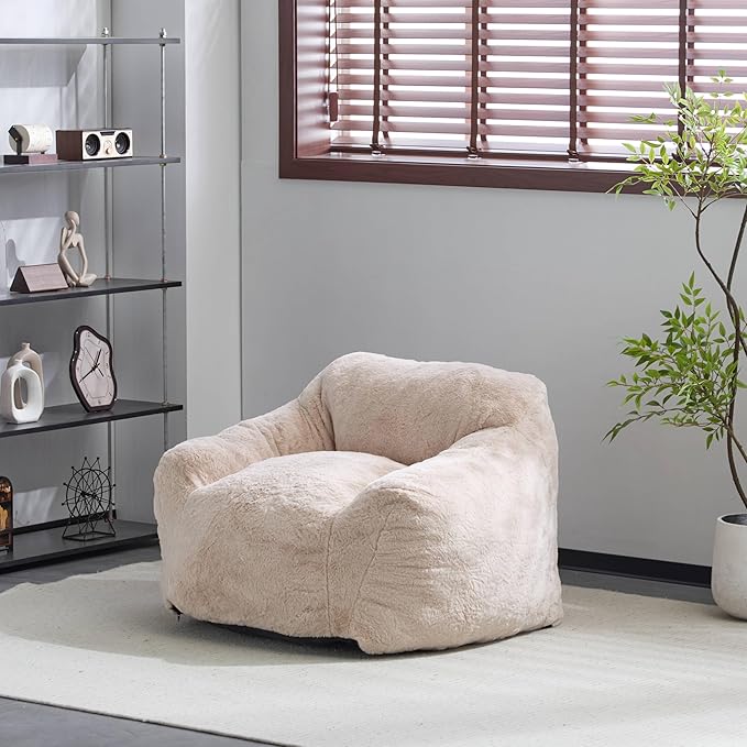 Indoor Bean Bag Chair,Plush Faux Fur Armchair,Ergonomic Back Support, Shredded Foam Fill, Compact Lounge Chair Space-Saving Ergonomic Seating for Living Room Bedroom Office,Beige