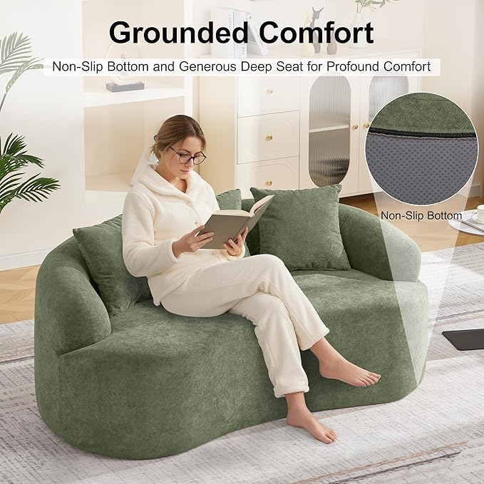 Abbrevi 65" Curved Loveseat Sofa, Deep Seat Love Seat Couches with 3 Throw Pillows, Modern 2 Seater Boneless Curved Couch, Compressed Floor Sofa for Living Room Small Spaces, No Assembly, Green