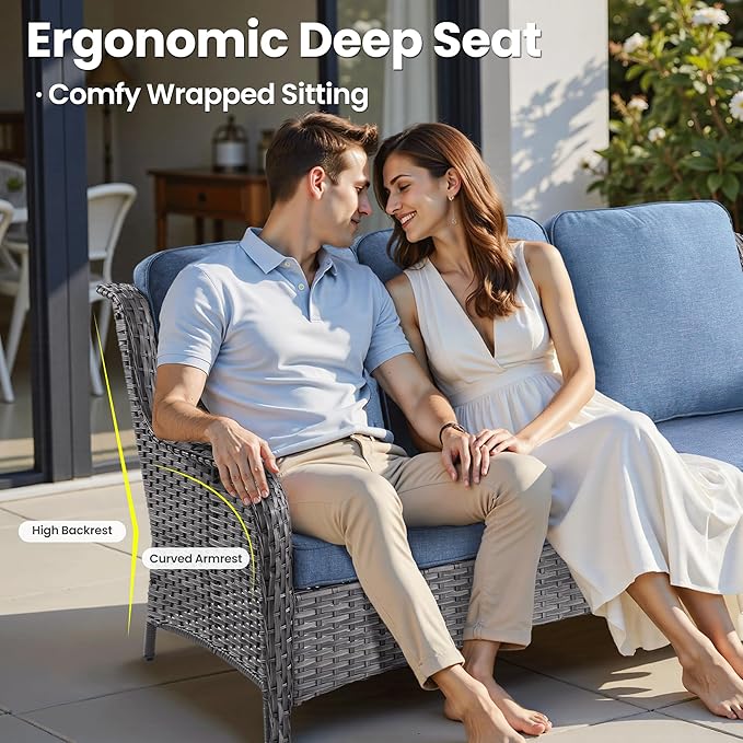 ovios 7 Pieces Patio Furniture Set, Outdoor Wicker Sofa Couch with Swivel Chairs 42" Fire Pit Table, High Back Modern All Weather Conversation Sets, Grey Rattan, Denim Blue