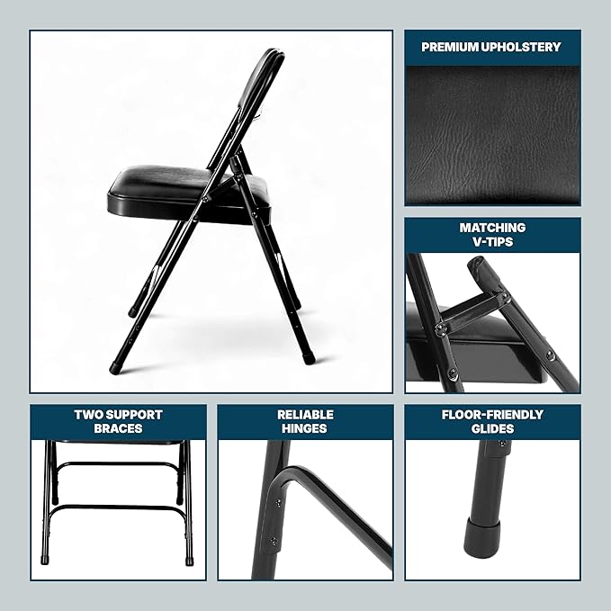 OEF Furnishings OEF1200 Series Premium Heavy Duty Vinyl Padded Folding Chairs, Commercial Grade 500 lb Capacity (4-Pack, Classic Black)