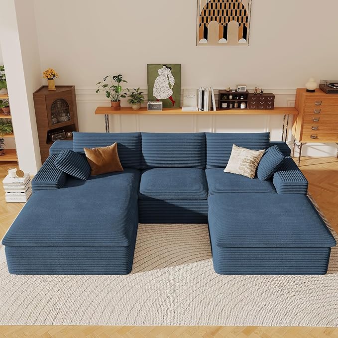 107" Cloud Sectional Couch with U-Shaped Chaise,Corduroy Viral Boneless Sofa with Ottoman,Memory Foam Couches in a Box with Deep Seat for Living Room,No Assembly Required (Blue,Left-Facing Chaise)