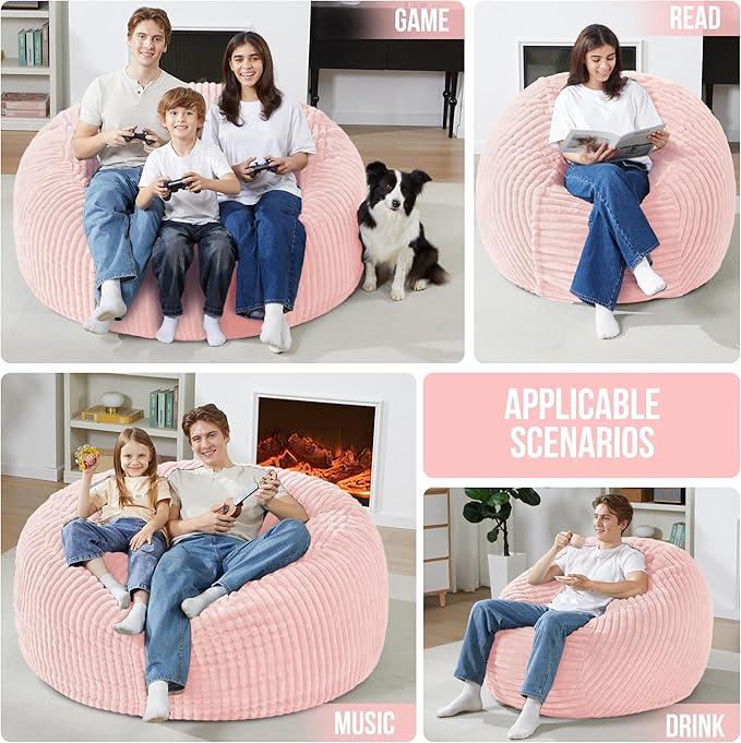 Homguava 4 FT Bean Bag Chair,4' Big Bean Bag,Large Bean Bag Chairs for Adults with Memory Foam Filled,Comfy Beanbag Chairs Soft Bean Bag Sofa with Dutch Corded Plush Cover-Soft Pink