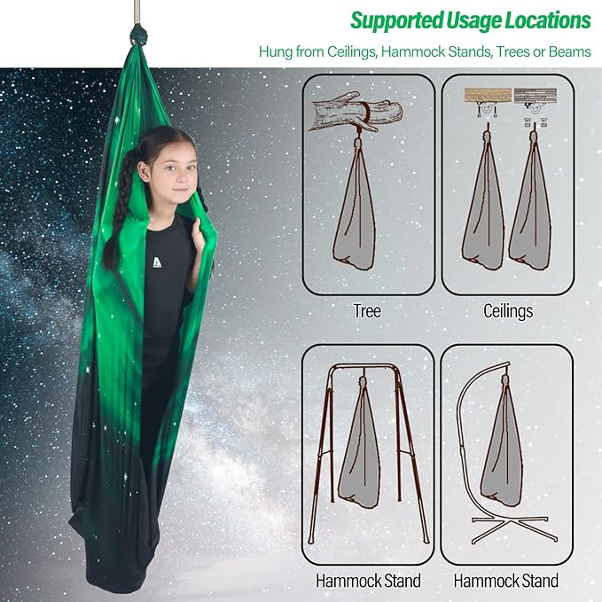 Sensory Swing for Kids Holds up to 300lbs Indoor & Outdoor Therapy Cuddle Swing with Hammock Hooks Hanger Kit for Calming, Effect for Autism, ADHD or SPD. (Space Green)