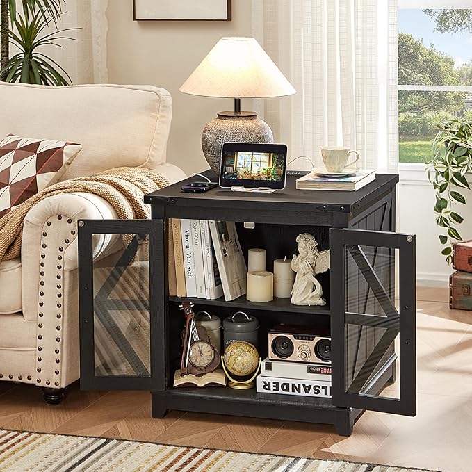Farmhouse Coffee Table Sets 2 Pieces, Large End Side Tables with Charging Station and Coffee Table with Hidden Storage Compartment, Black Living Room Table Set, Wood Furniture Sets for Home Office