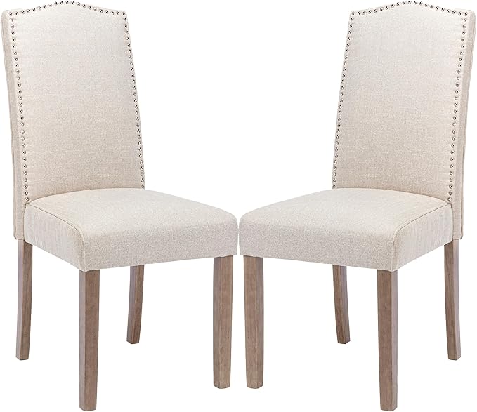 SNUGWAY Upholstered Dining Chair Stylish Parsons Kitchen High Back with Silver Nailhead Trim & Wood Legs, 2-Pack, Fabric Beige