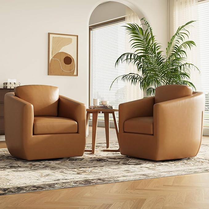 MALOL 360° Swivel Accent Chair Set of 2 with Pillow - Comfy Living Room Armchair No-Sag Foam & Sturdy Metal Base, Fully Assembled Swivel Accent Single Sofa for Bedroom Living Room, Office, Brown