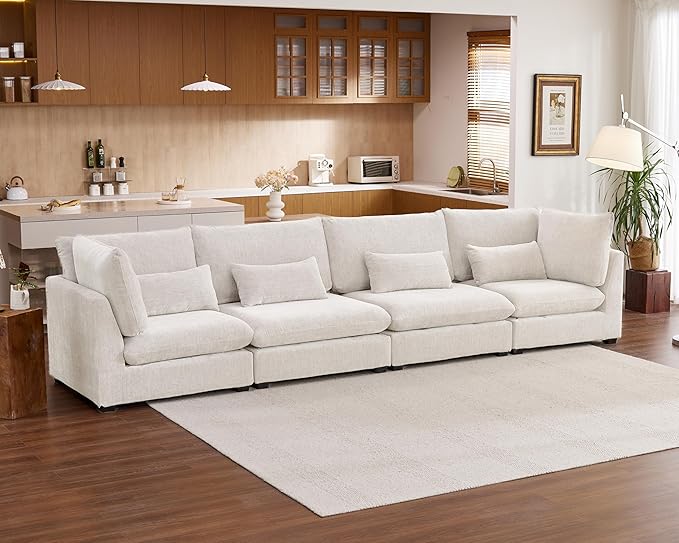 Oversized Modular Sofa, Extra Deep Cloud Chenille Sectional Couch with Ottoman Chaise, Fluffy Chenille 4 Seater Sofa for Living Room, Villa (Basic 4 Seater, Chenille White)