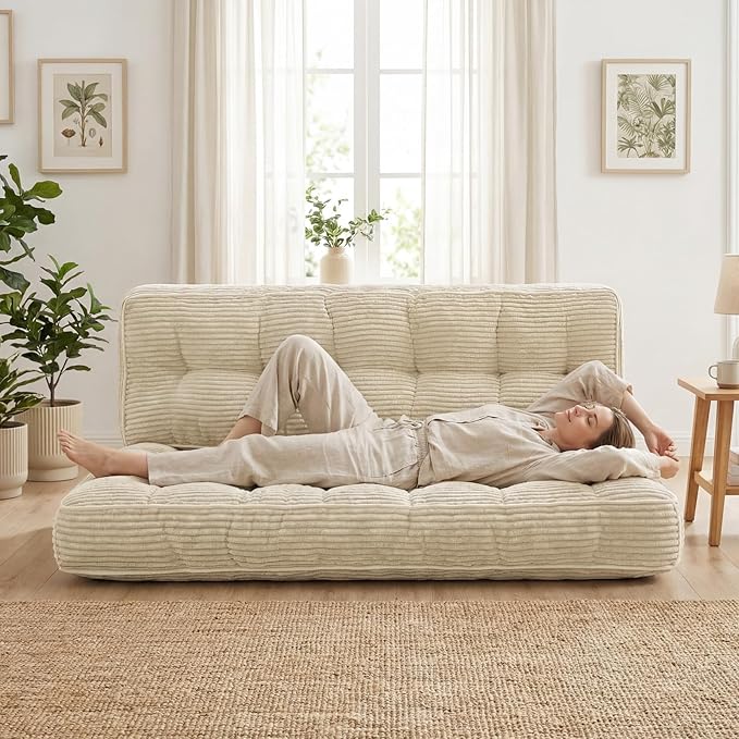 Vercraft 63 Inch Folding Bench Cushion, 4 Inch Thick 2-in-1 Convertible Long Floor Lounger Boneless Cushions Couch Mattress Upholstered for Yoga, Reading, Sleeping, Meditation Living Room(Beige)