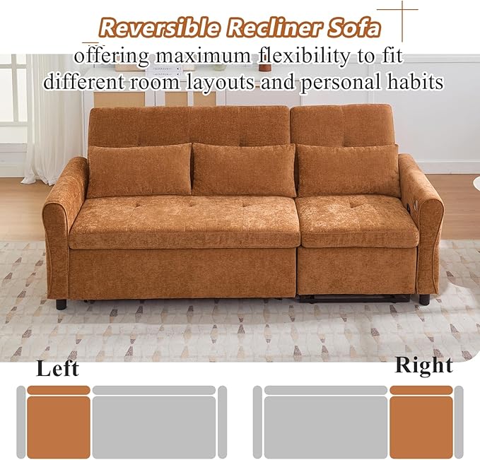 Gagawin 2 in 1 Convertible Sofa Bed with Reversible Recliner, Chenille 3-Seater Couch Sleeper with Pull Out Bed & Adjustable Backrest & Dual USB Charging Ports for Living Room, Brown