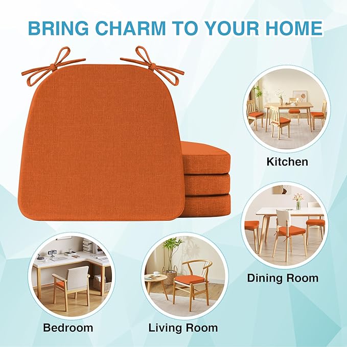 Chair Cushions for Dining Chairs Set of 6, Non Slip Kitchen Chair Pads, 17" x 16" x 2", Indoor Dining Chair Cushions with Ties, D-Shaped Seat Cushions for Kitchen Chairs, Orange