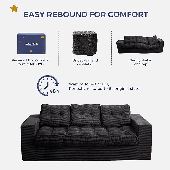 MAXYOYO 3 Seater Couch for Living Room, Boneless Couch with Tufted Cushion & Backrest, Upholstered Floor Sofa for Adults, No Assembly Required, Black