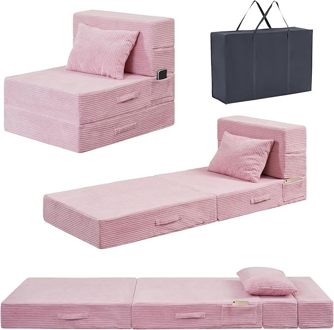 HILERO Folding Sofa Bed, 4 in 1 Convertible Sleeper Chair with Pillow, Single Memory Foam Fold Out Chair Bed, Modern Floor Futon Sofa Couch Mattress for Living Room/Guest/Apartment, Pink