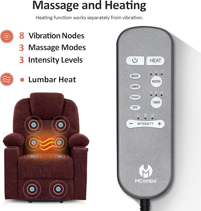 MCombo Small Power Lift Recliner Chair Sofa with Massage and Heat for Petite Elderly, 3 Positions, Cup Holders, and USB Ports, Extended Footrest, Fabric 7141 (Sangria)