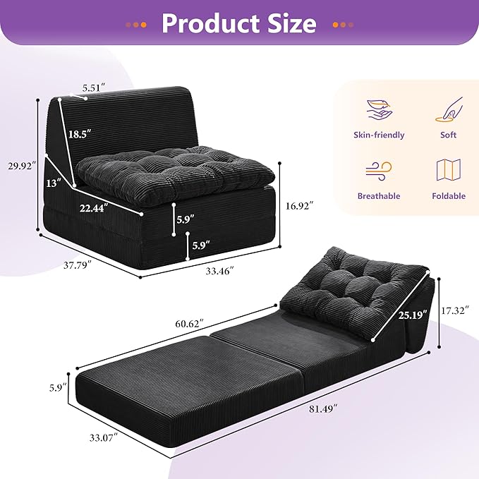 Hobestluk Sofa Couch Folding Sofa Bed Comfy Floor Lounger Convertible Sofa with Removable Cushion Couches for Small Spaces Foldable Mattress for Living Room Bedroom or Office (Cordury Black, Large)