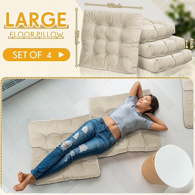 Jerify Floor Pillow Cushions 22 x 22 Inch Round Square Large Meditation Floor Pillow for Classroom Adult Meditation Picnic Party Cushion for Seating Gift Christmas(Square,Beige,4 Pcs)