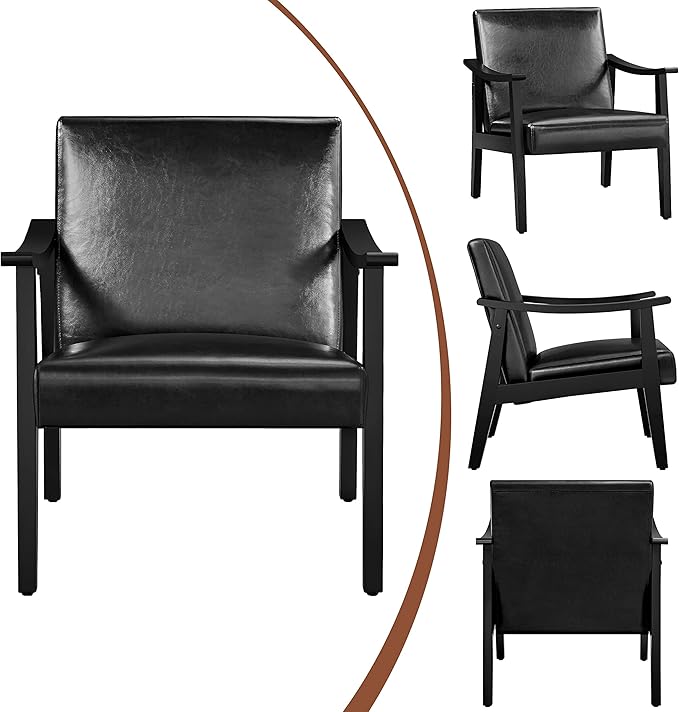 Yaheetech PU Leather Accent Chair, Mid-Century Modern Armchair with Solid Wood Legs, Reading Leisure Chair with High Back for Living Room Bedroom Waiting Room, Black