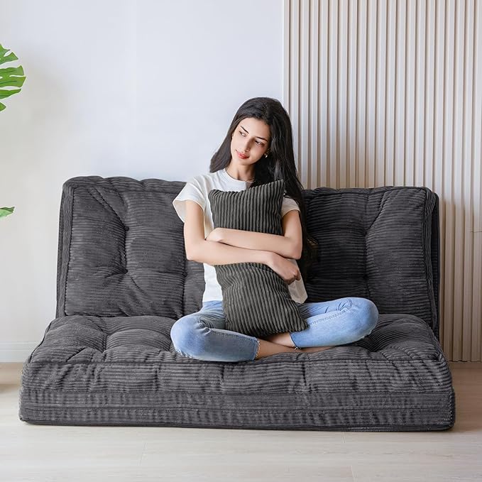 MAXYOYO Bean Bag Bed Tufted Folding Sofa With Pillows, Extra Thick and Long Floor Mattress for Adults, Twin Couch Bed for Bedroom Living Room, Dark Grey, 39x91 Inch
